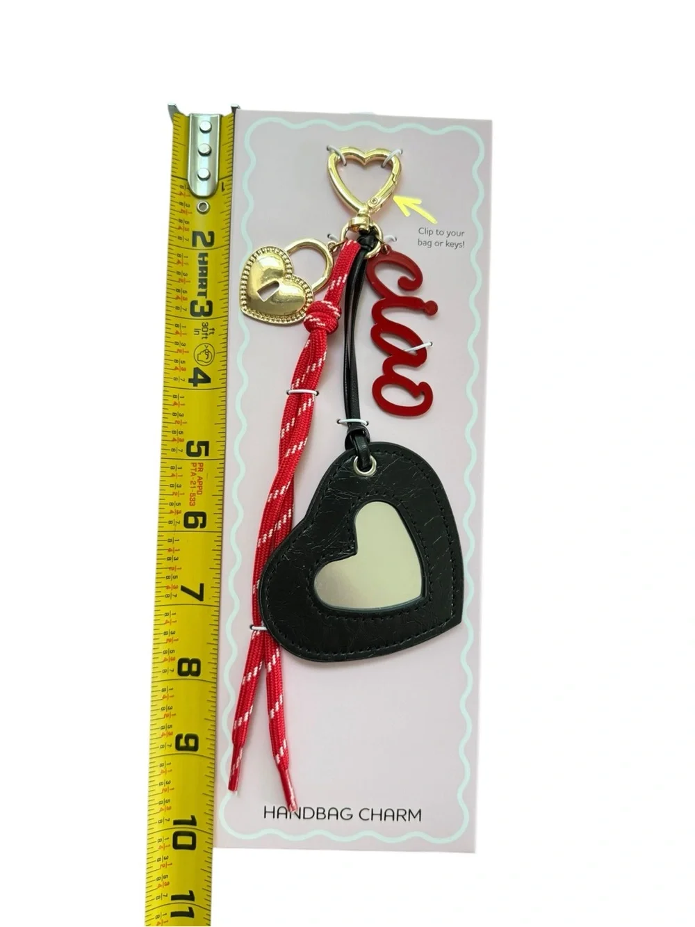 Rampage Handbag Charm Women Black Red Heart Mirror Ciao Script Lock NWT